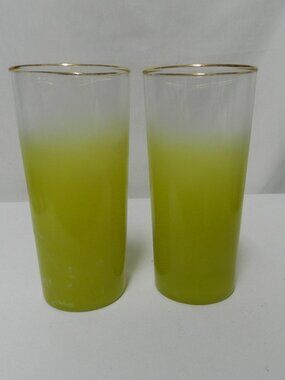 Vintage Blendo Yellow Gold Rim large tumbler drinking glass set 2 pair 6.8" tall